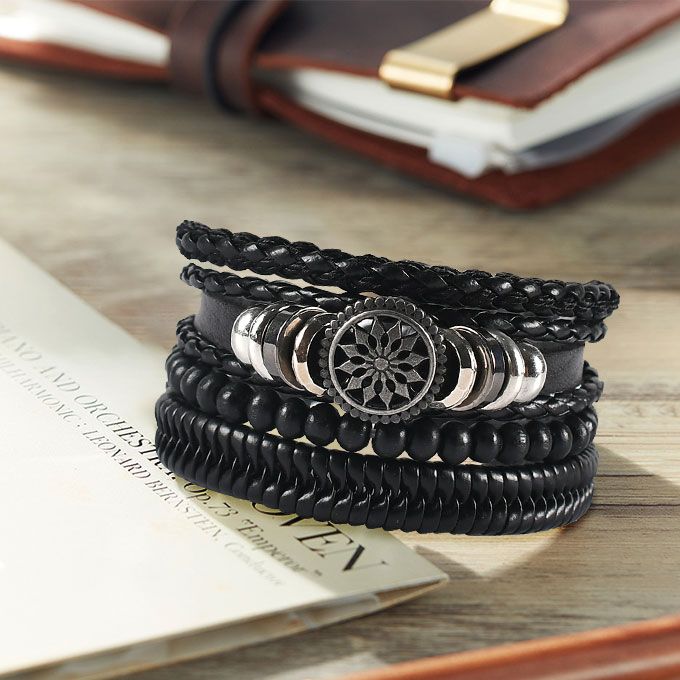 4 In 1 Retro Braided Adjustable Hand Bracelets-Black