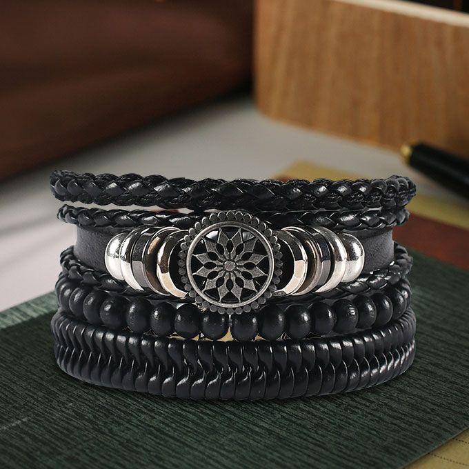 4 In 1 Retro Braided Adjustable Hand Bracelets-Black