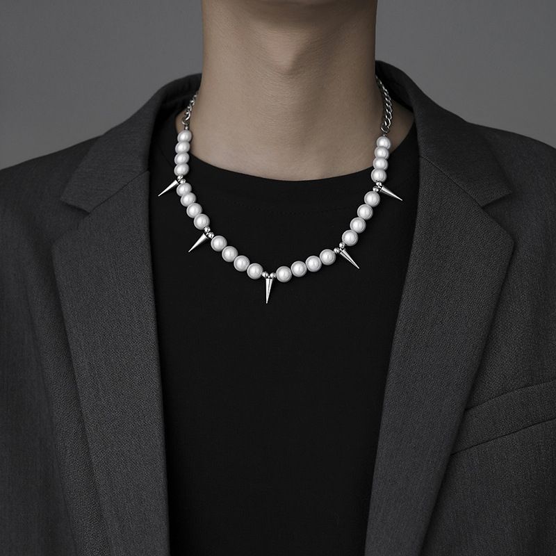 Men's Spike Collarbone Chain Cuban Reflective Beads Necklace