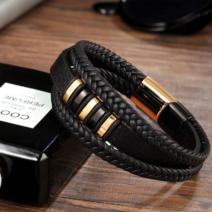 Unisex Classic Men Leather 3 Layer Bracelet-Black
