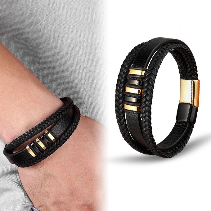 Unisex Classic Men Leather 3 Layer Bracelet-Black