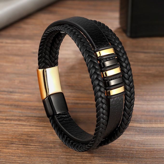 Unisex Classic Men Leather 3 Layer Bracelet-Black