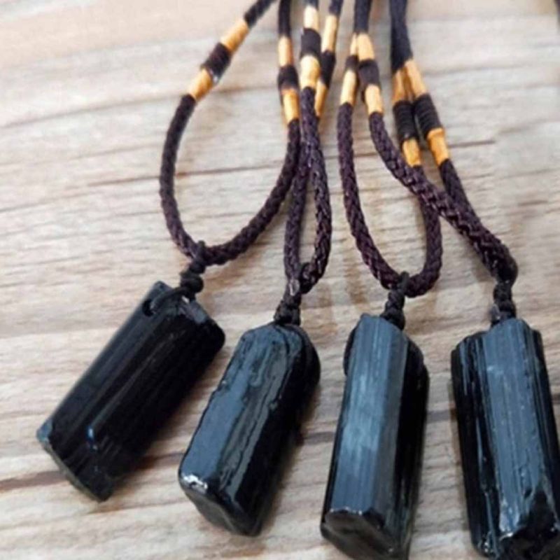 Black Tourmaline Stone Pendant With Rope Faux-Black