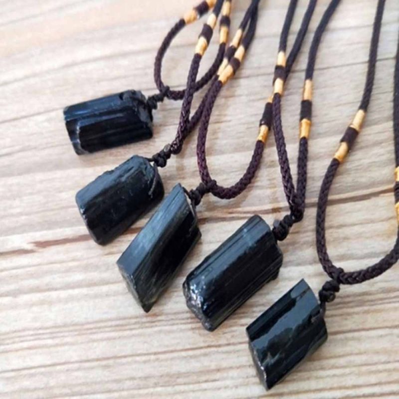 Black Tourmaline Stone Pendant With Rope Faux-Black