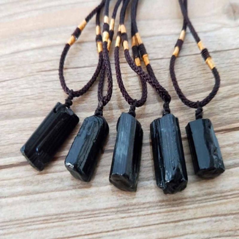 Black Tourmaline Stone Pendant With Rope Faux-Black
