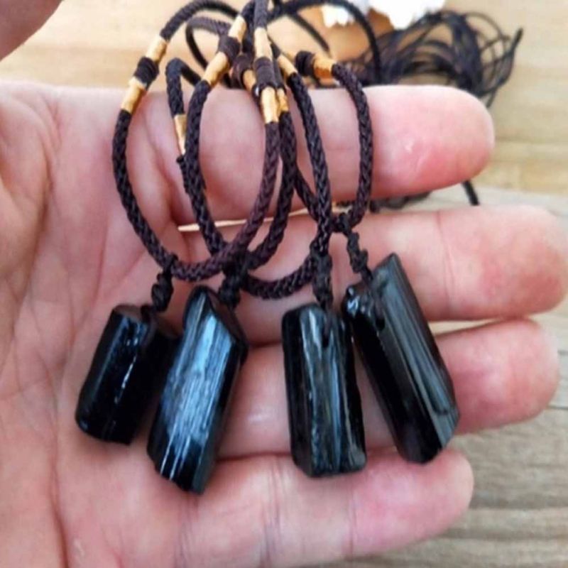 Black Tourmaline Stone Pendant With Rope Faux-Black