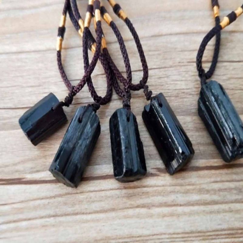 Black Tourmaline Stone Pendant With Rope Faux-Black