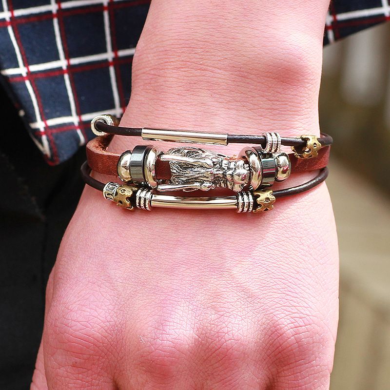 Tibetan Silver Men Leather Bracelet Fashion Male Vintage Parataxis Dragon Multilayer Jewelry