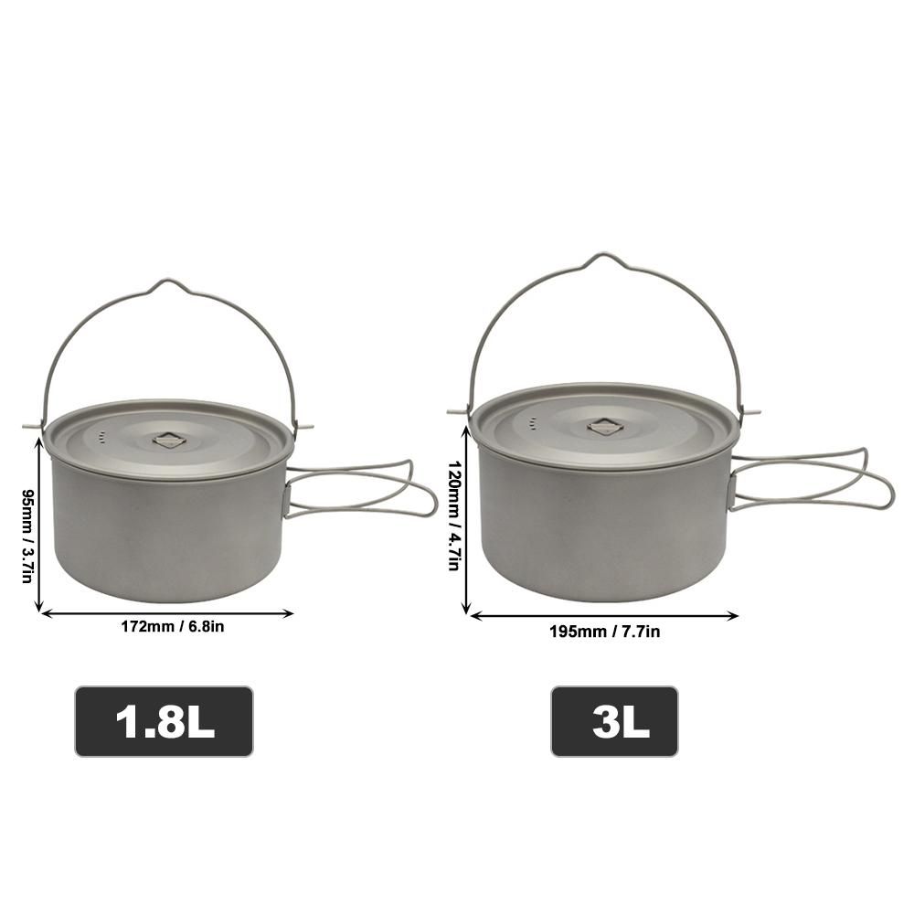 1.8L/3L Titanium Pot Ultralight Hanging Pot with Lid and Foldable Handle Outdoor Camping Hiking Backpacking Picnic