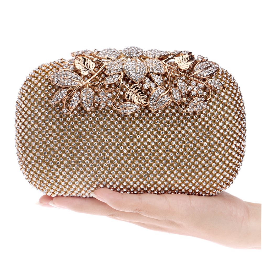 Women Evening Clutch Bag Crystal Rhinestone Flower Wedding Bridal Purse