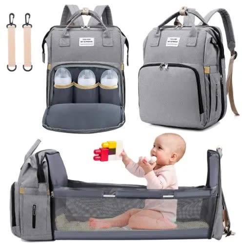 Foldable Diaper Bag With Convertible Crib Space - Grey