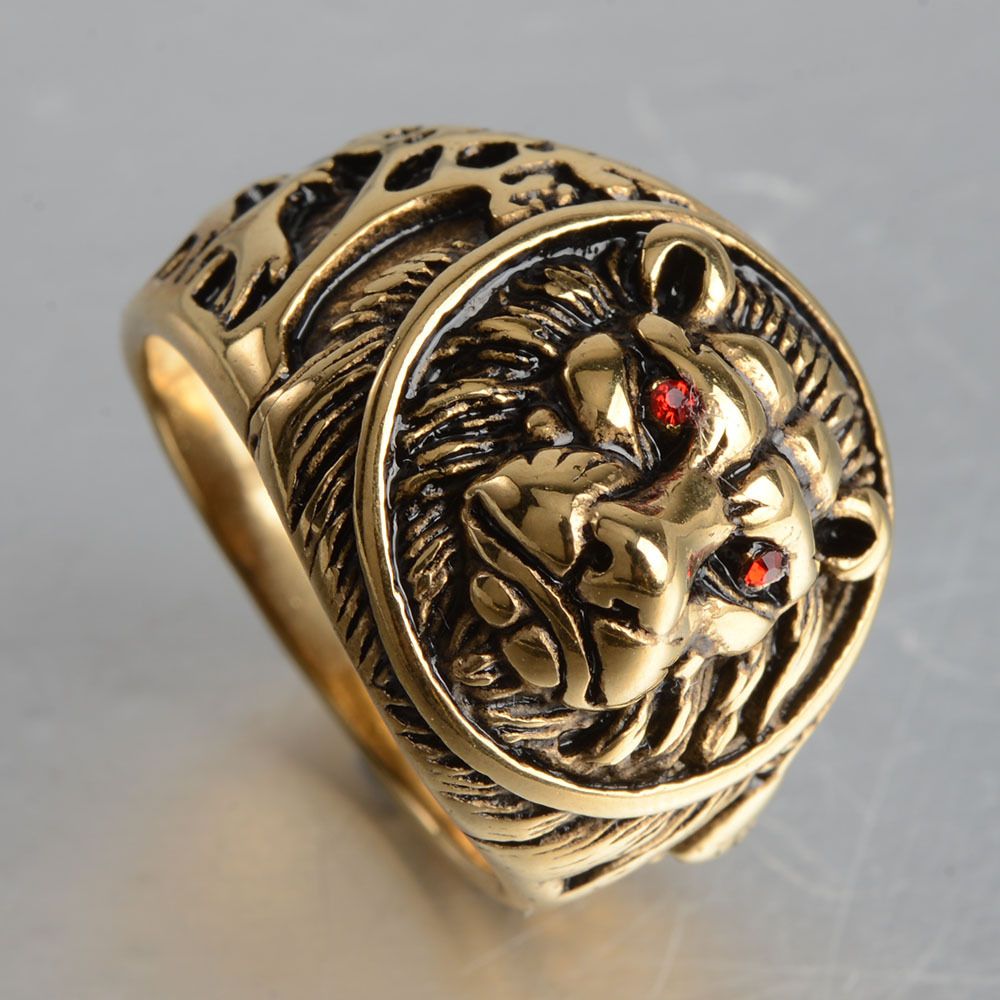Domineering Lion Head Titanium Steel Men's Ring Gold 2