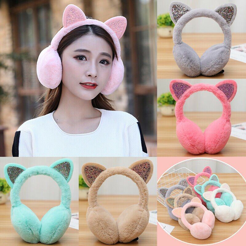Women Earmuffs Ladies Cute Cat Ear Sequins Furry Ear Muffs