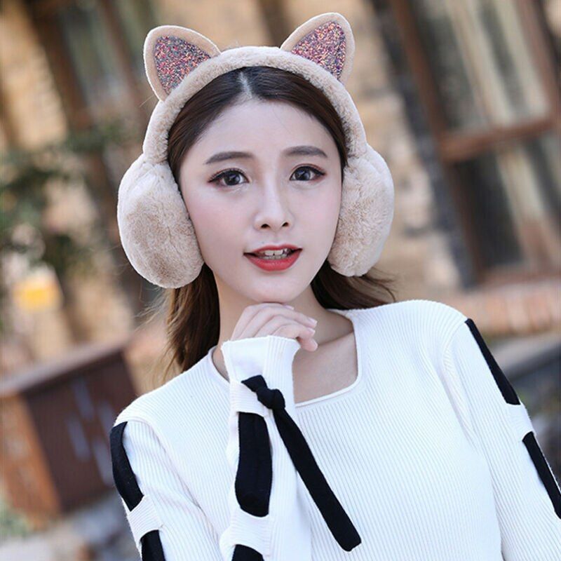 Women Earmuffs Ladies Cute Cat Ear Sequins Furry Ear Muffs