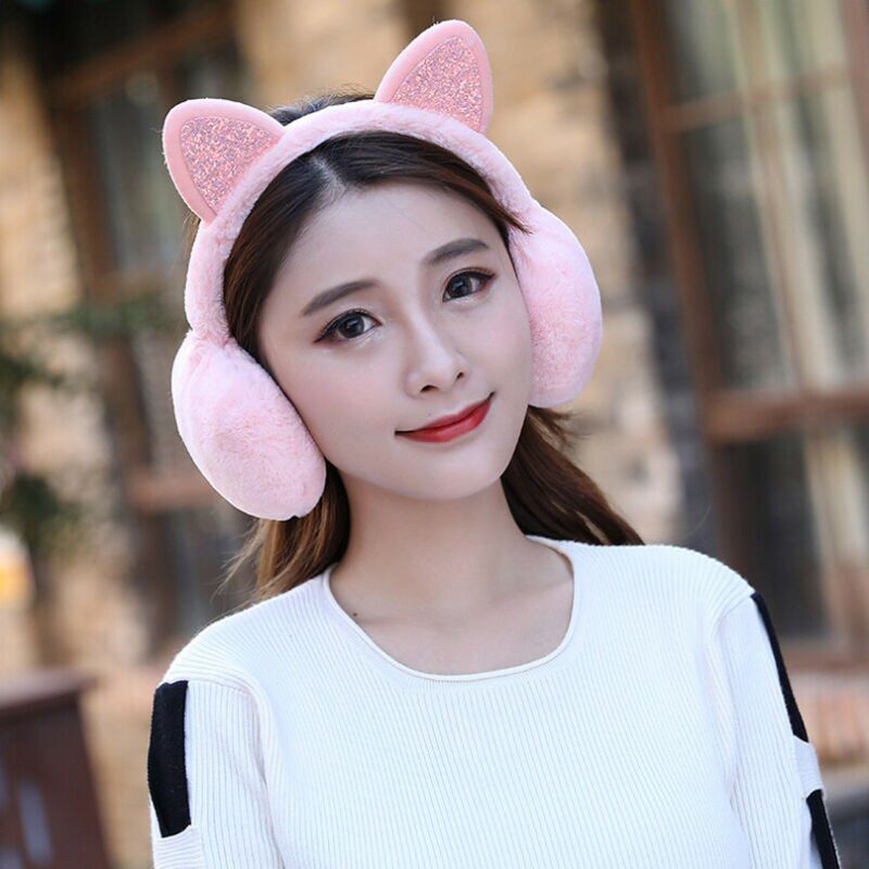 Women Earmuffs Ladies Cute Cat Ear Sequins Furry Ear Muffs