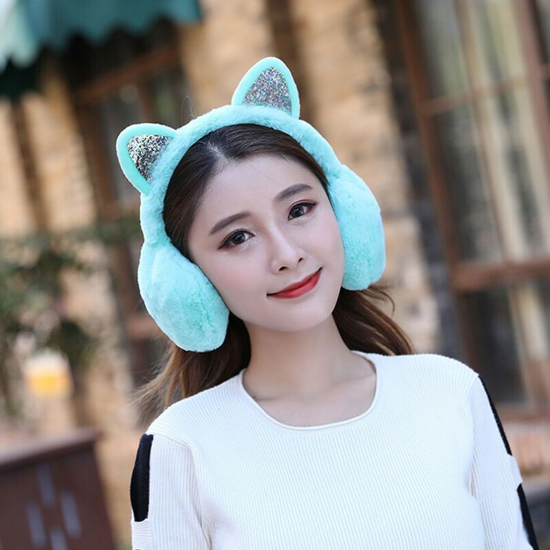 Women Earmuffs Ladies Cute Cat Ear Sequins Furry Ear Muffs