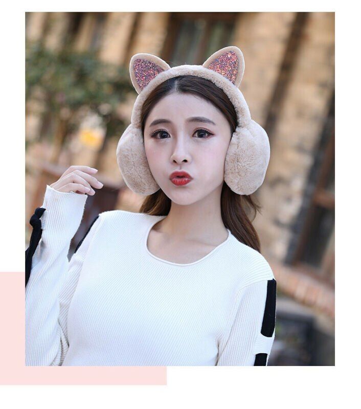 Women Earmuffs Ladies Cute Cat Ear Sequins Furry Ear Muffs