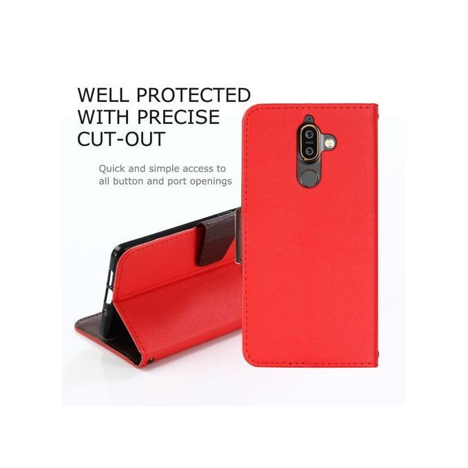 For NOKIA 7PLUS Flip Case MUXMA Flip Card Phone Case Two-color Anti-fall Leather Case-Red