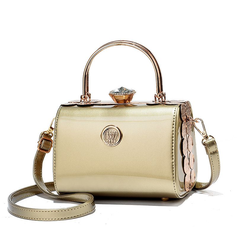 Patent Leather Metal Gold Handle Party Ladies Hand Bag-GOLD
