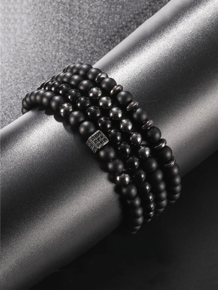 4 IN 1 Round Square Crystal  Stone Beads Bracelet Black