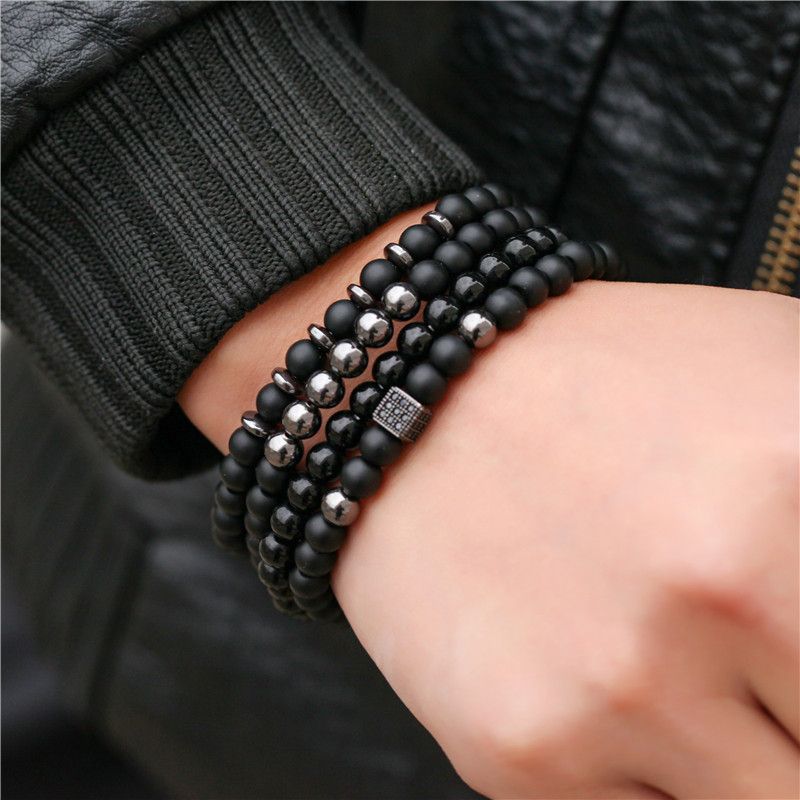 4 IN 1 Round Square Crystal  Stone Beads Bracelet Black