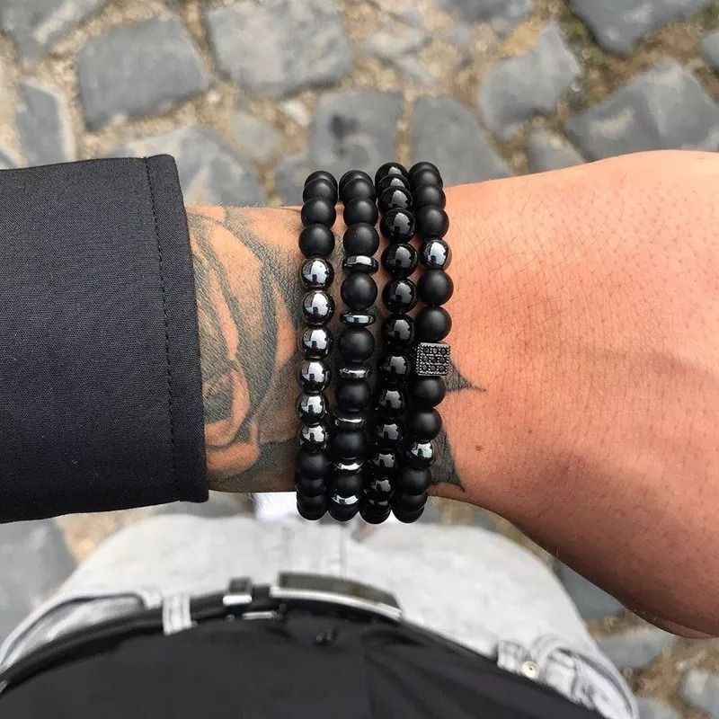 4 IN 1 Round Square Crystal  Stone Beads Bracelet Black