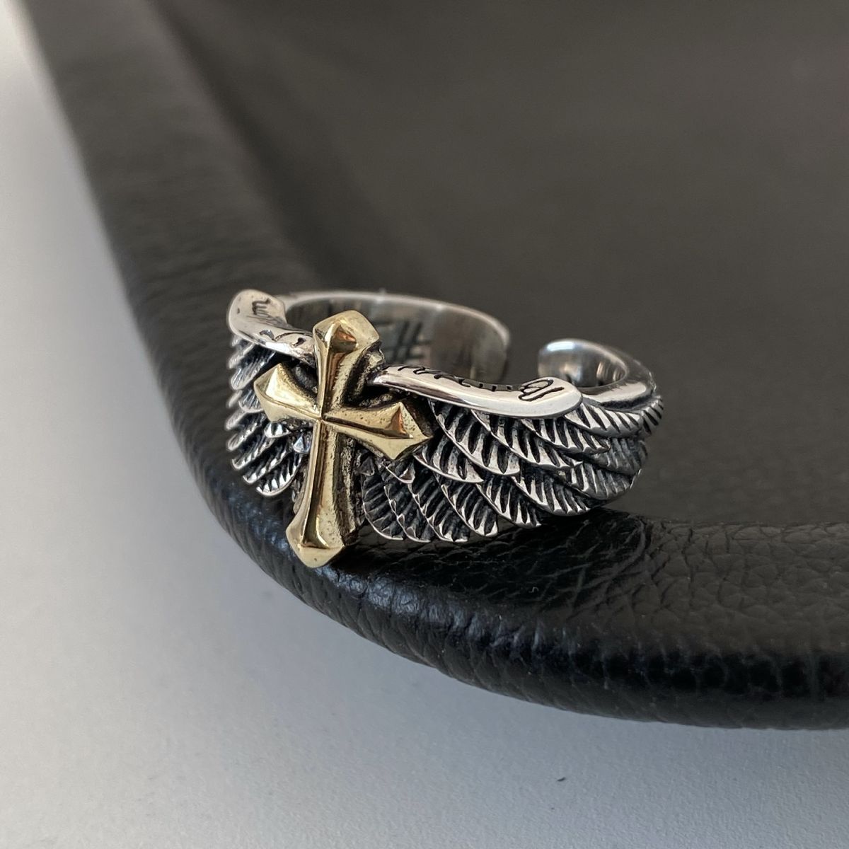 Silver Wings Cross Graffiti Letter Opening Ring Power Style Personalized Men's Ring