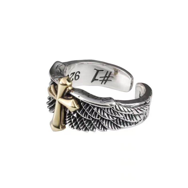Silver Wings Cross Graffiti Letter Opening Ring Power Style Personalized Men's Ring
