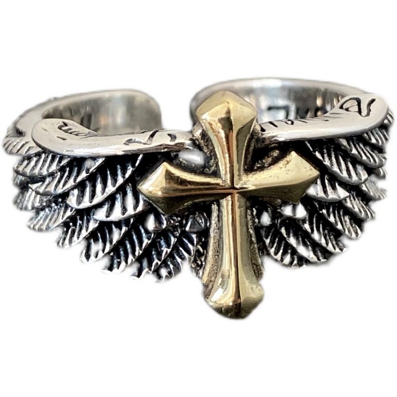 Silver Wings Cross Graffiti Letter Opening Ring Power Style Personalized Men's Ring