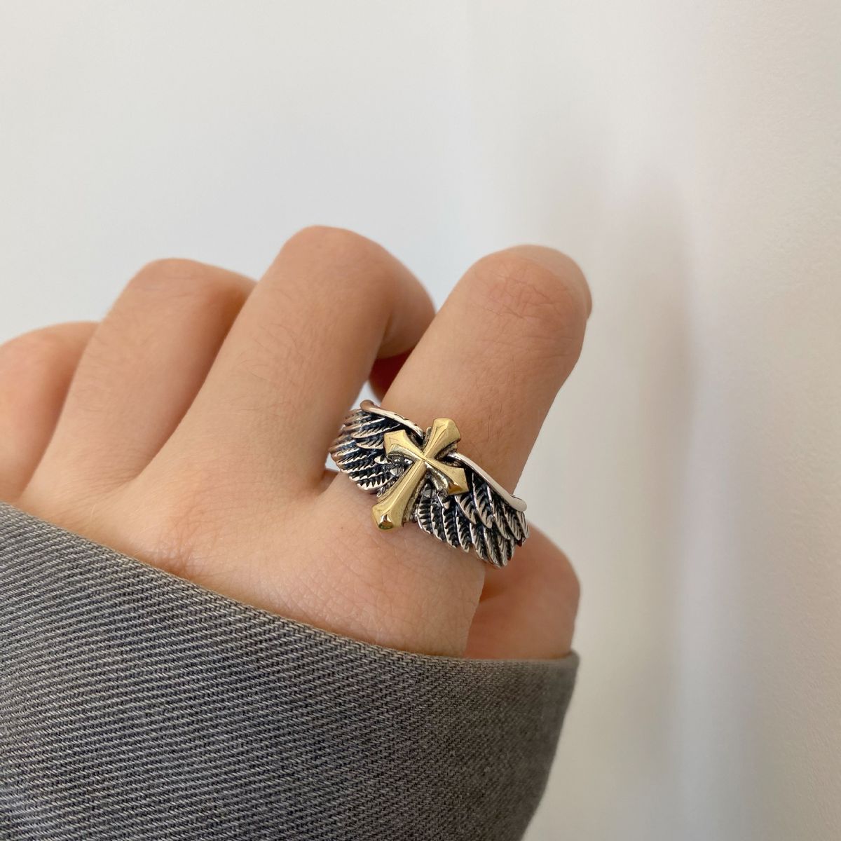 Silver Wings Cross Graffiti Letter Opening Ring Power Style Personalized Men's Ring