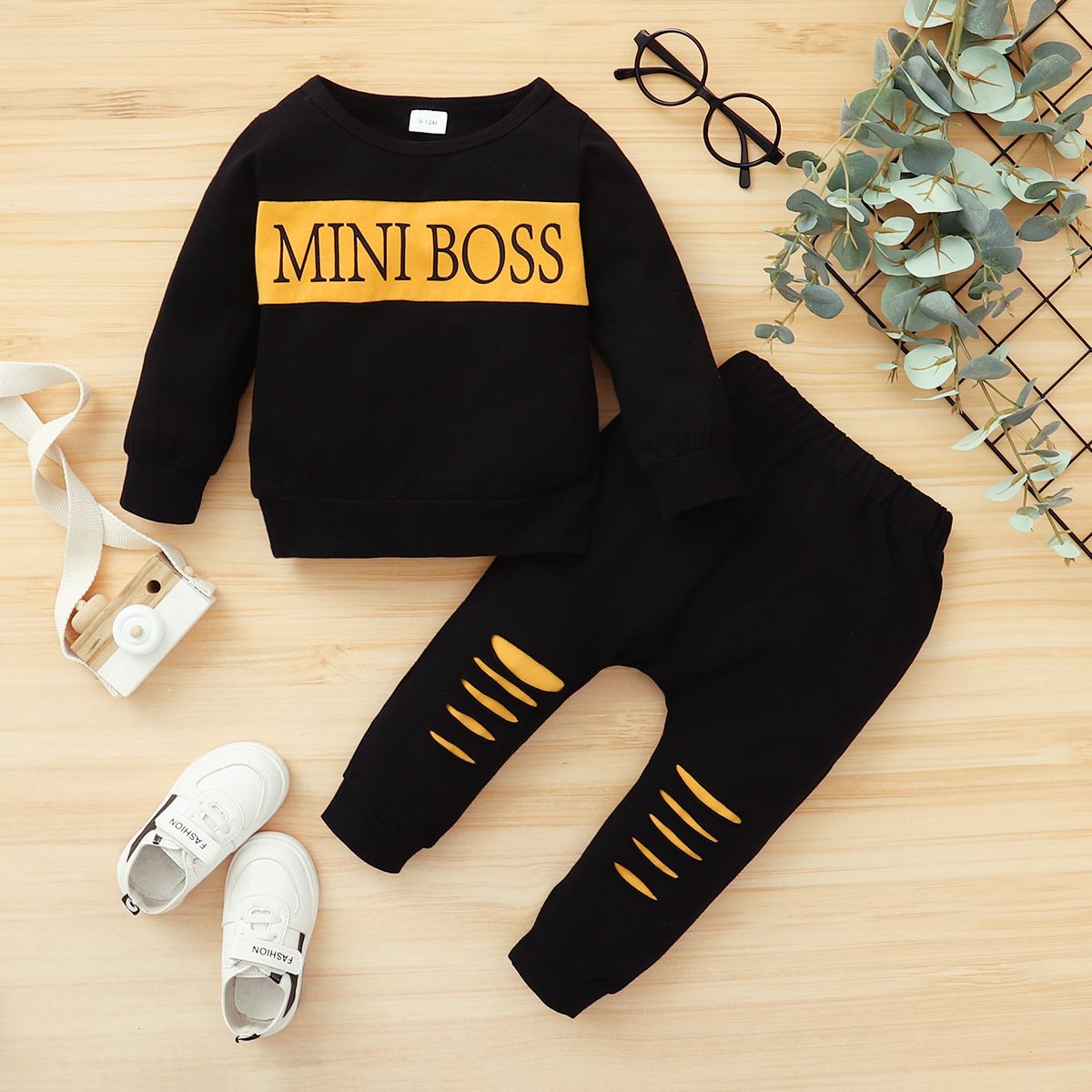 MINI BOSS Baby Boys Fashion Long Sleeves Outfit Set -Black