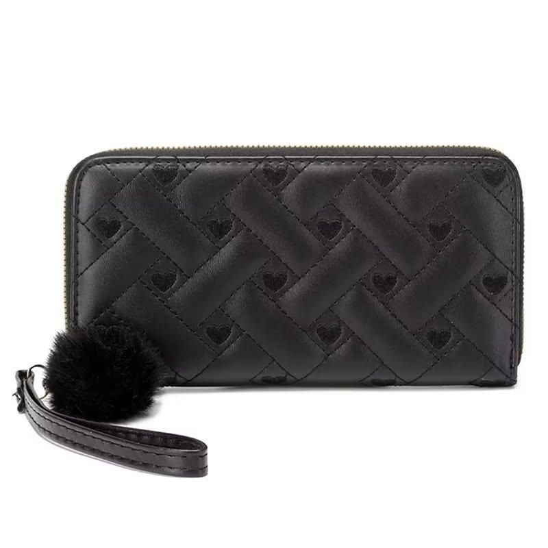 Ladies Wallet PU Leather Long Purse Plush Ball Black