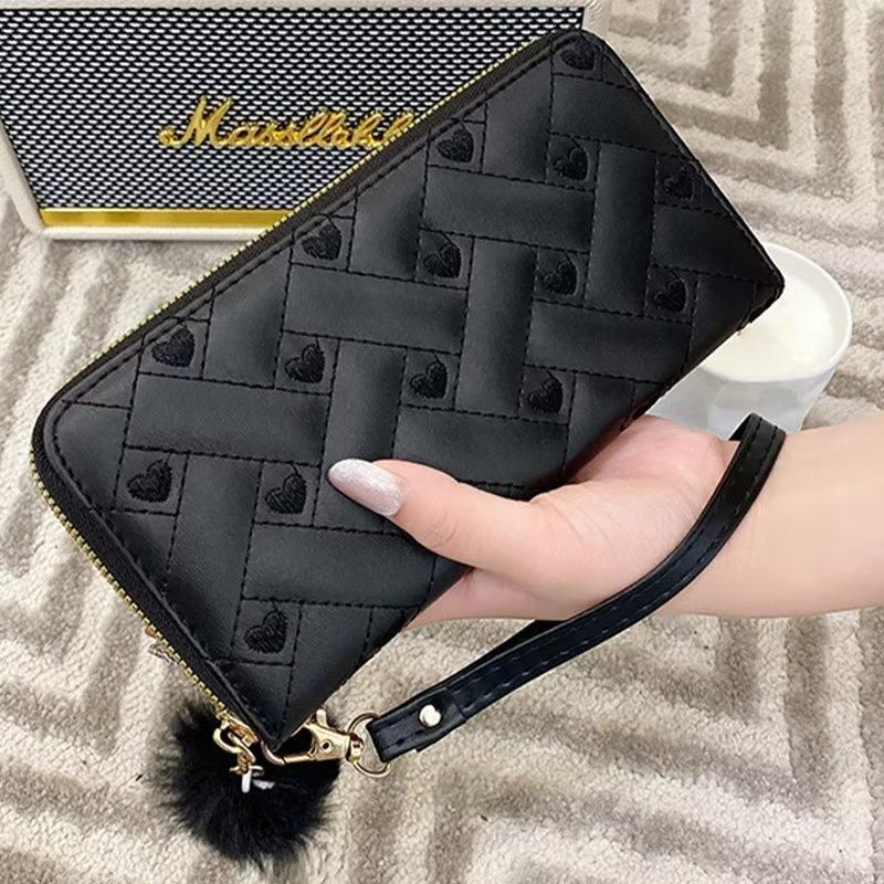 Ladies Wallet PU Leather Long Purse Plush Ball Black