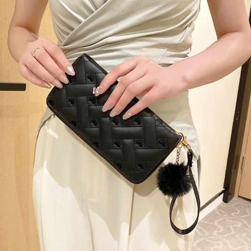 Ladies Wallet PU Leather Long Purse Plush Ball Black