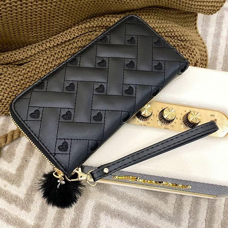 Ladies Wallet PU Leather Long Purse Plush Ball Black