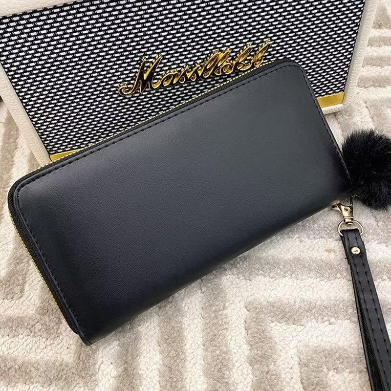Ladies Wallet PU Leather Long Purse Plush Ball Black