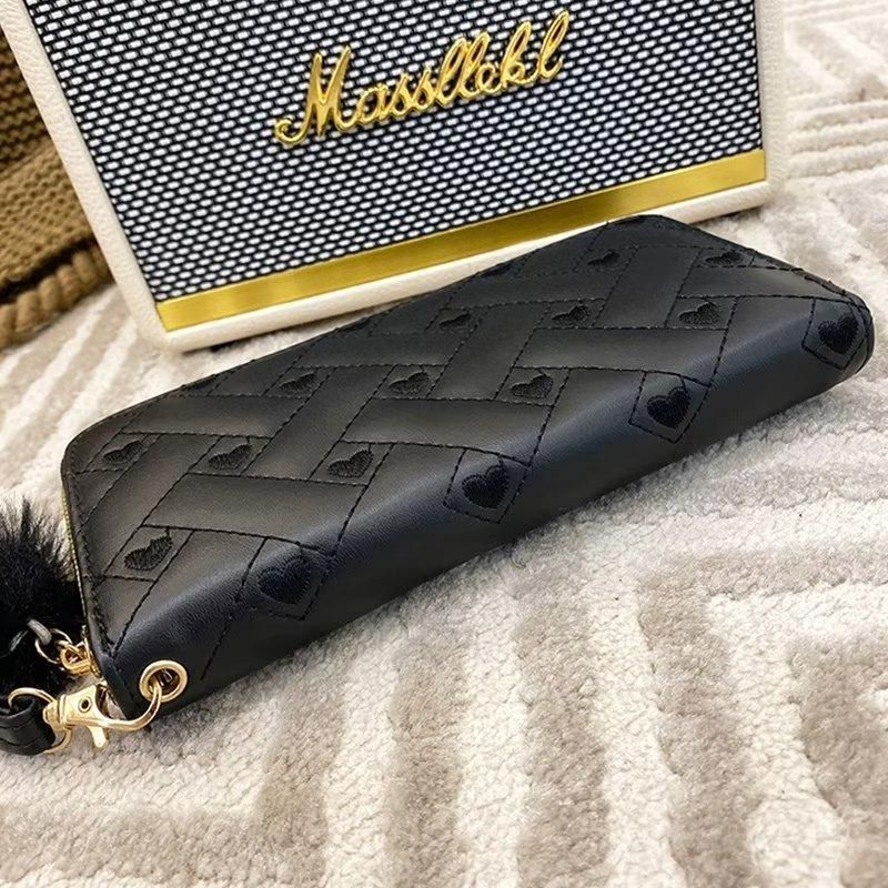 Ladies Wallet PU Leather Long Purse Plush Ball Black