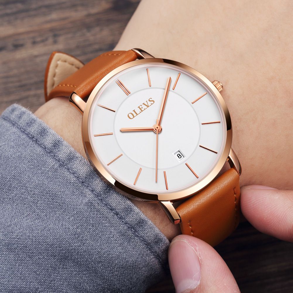 Men Ultra Thin Quartz Watch Luxury Wrist Watches Business Leather Watches Rose Waterproof  -Gold