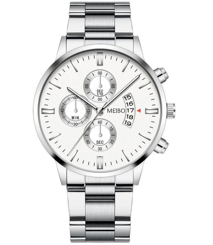 Studded Steel Men Casual Date Wrist Watch-Silver White Face