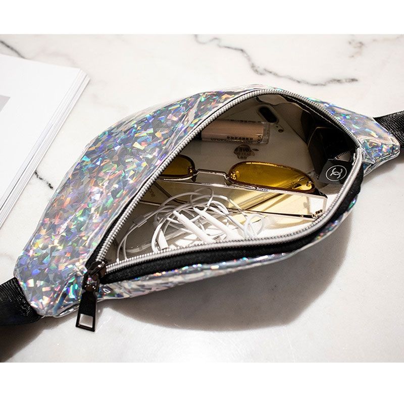 Women Sequins Laser Waist Pack Multi-functional Sports Chest Waist Bag(Purple)