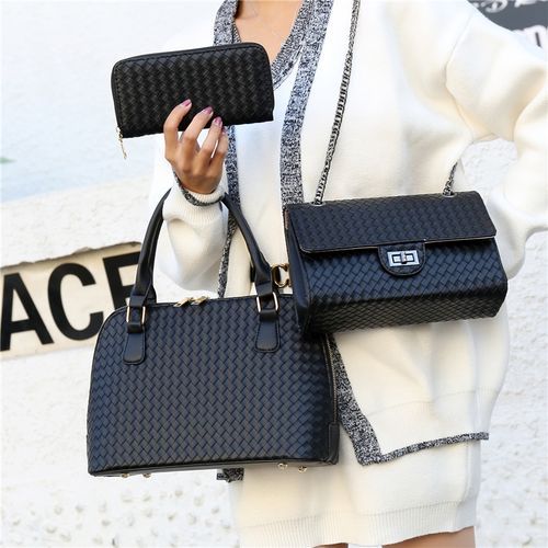 3pcs Solid Color Small Checkered Bucket Shape Cross-body Handbags