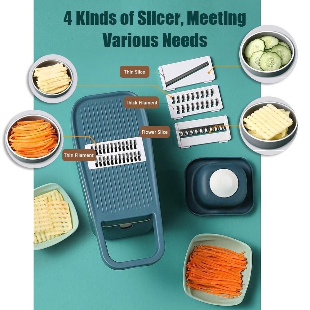 3-in-1 Multifunctional Vegetable Slicer with Drain & Storage Baskets 4 Kinds of Slicer Vegetables Cutter with Guard Potato Carrot Cucumber Filament Flower Slice Shredder Kitchen Supplies Tools