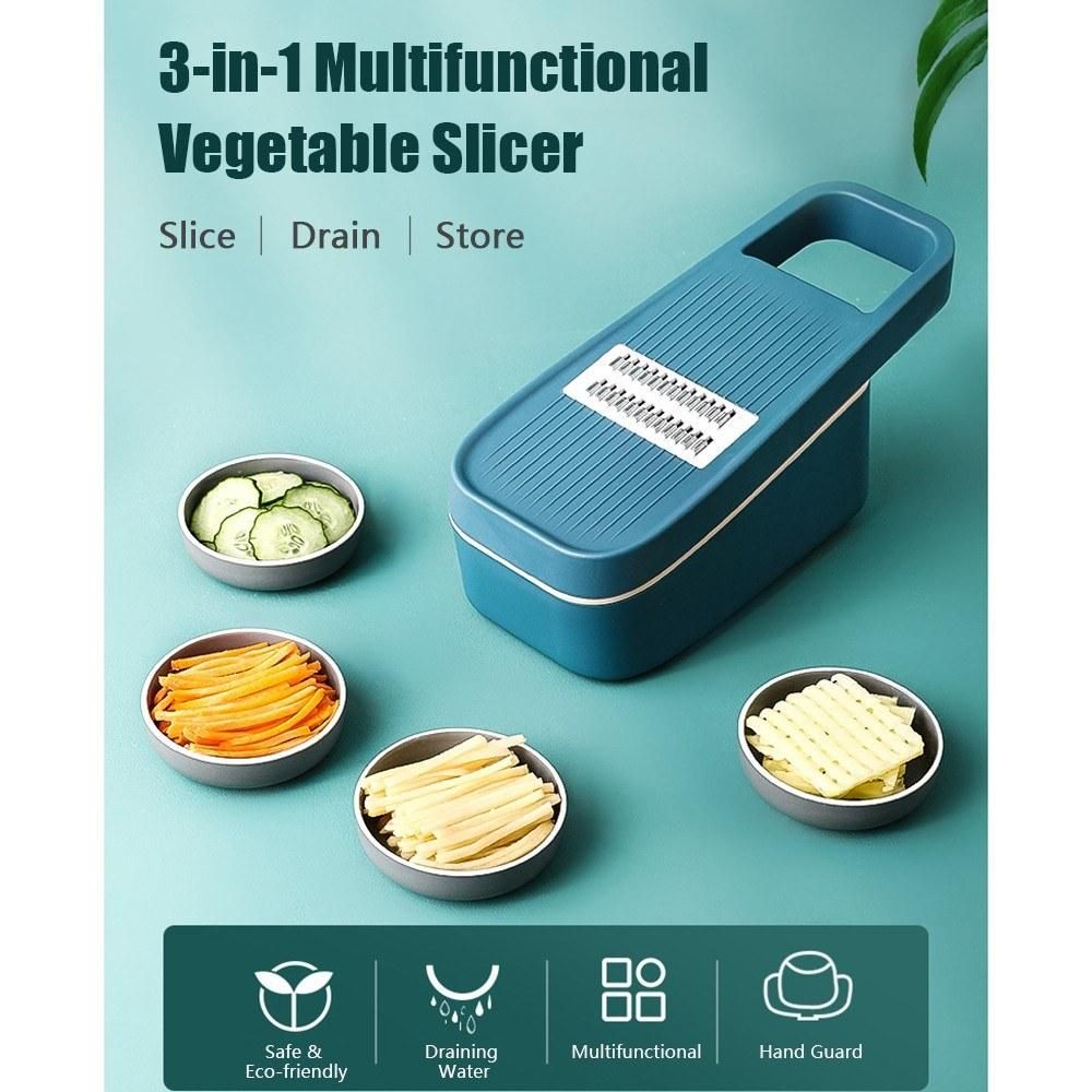 3-in-1 Multifunctional Vegetable Slicer with Drain & Storage Baskets 4 Kinds of Slicer Vegetables Cutter with Guard Potato Carrot Cucumber Filament Flower Slice Shredder Kitchen Supplies Tools