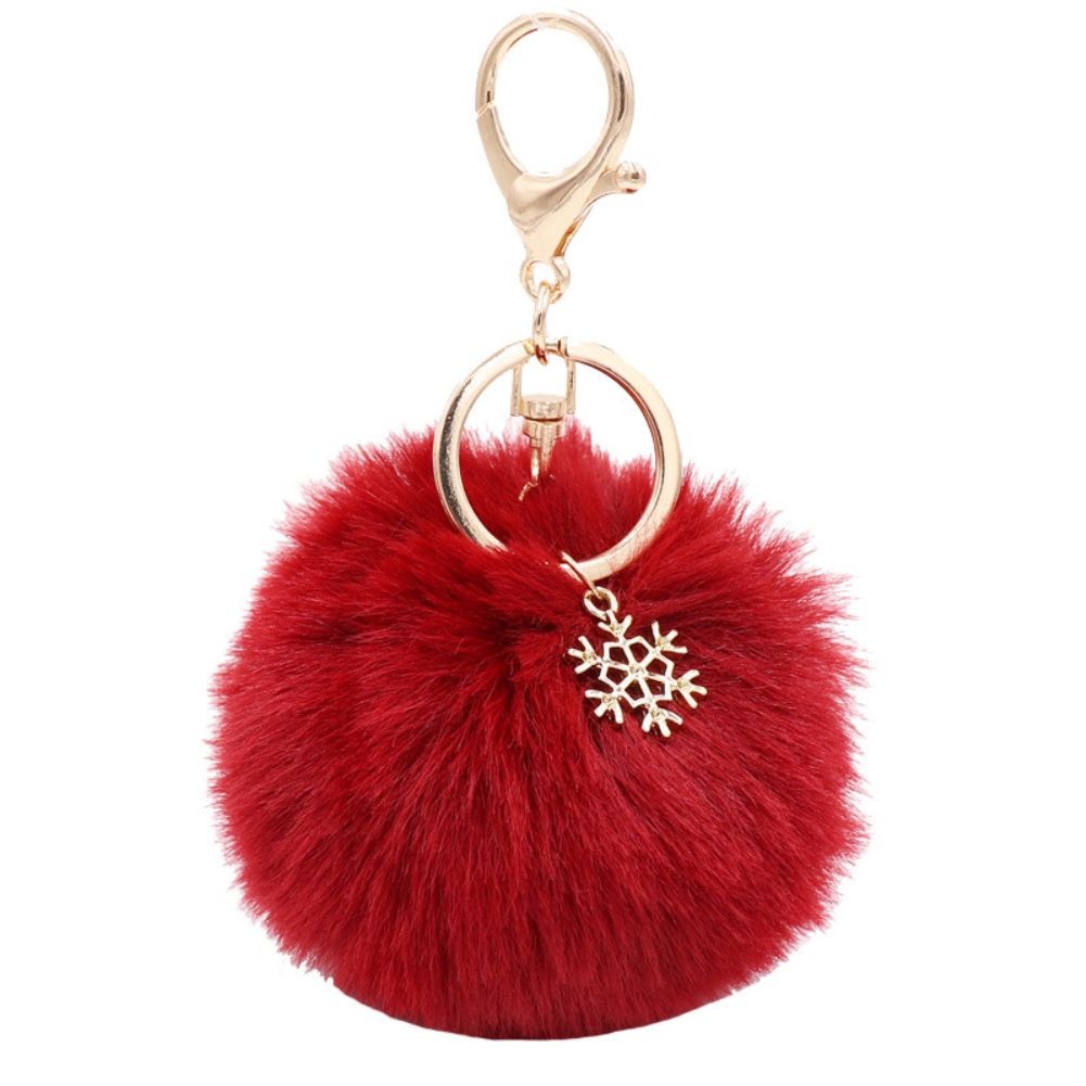 Snowflake Fluffy Pompom Ball Key Chain Ring Holder-Wine Red