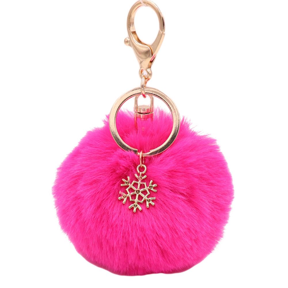 Snowflake Fluffy Pompom Ball Key Chain Ring Holder-Rose Red