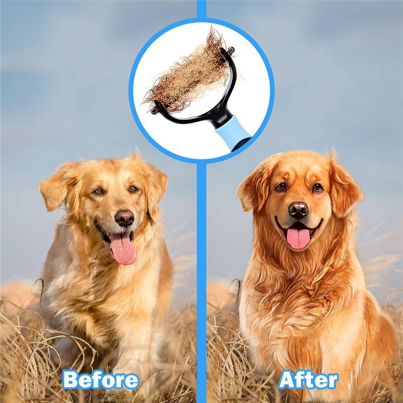 Pet Deshedding Brush 2 Sided Dematting Dog Comb Brush Rake Grooming Tools Undercoat Shedding Hair Blue