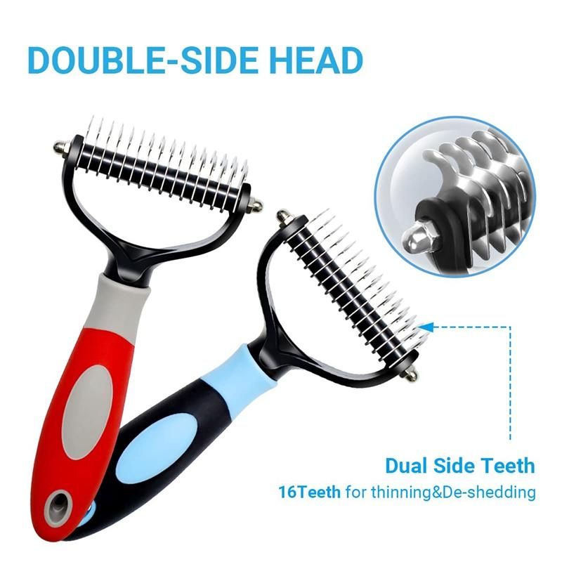Pet Deshedding Brush 2 Sided Dematting Dog Comb Brush Rake Grooming Tools Undercoat Shedding Hair Blue