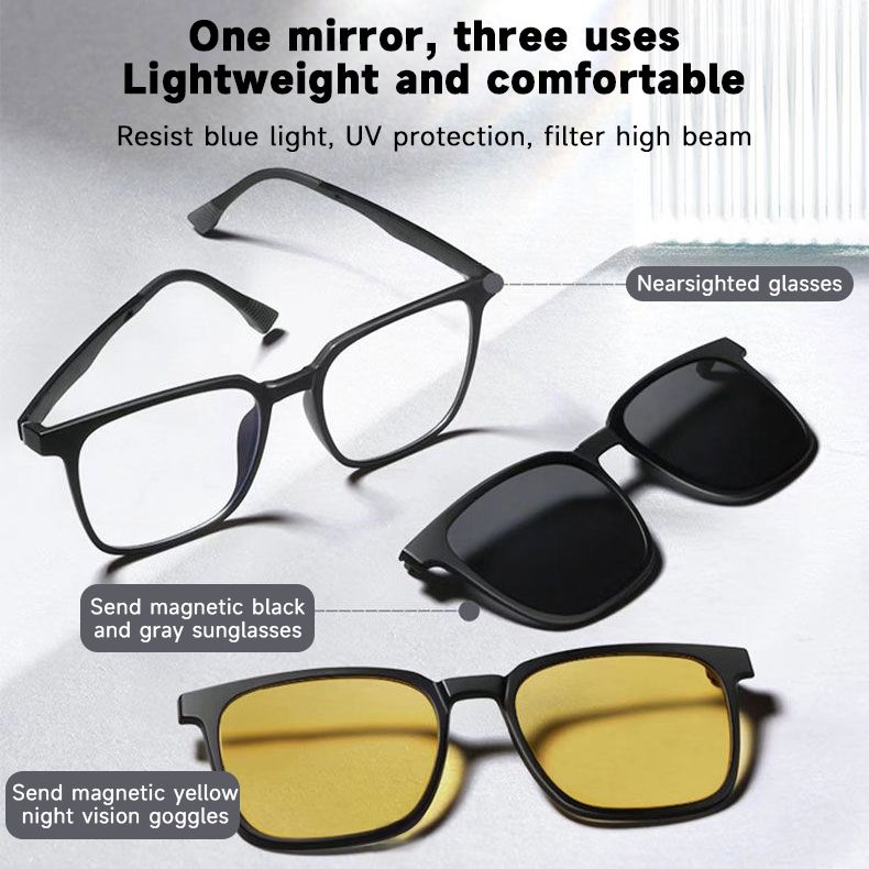 3 In 1 Magnetic Suction Sunglasses Polarizing Clip Piece Night Vision Goggles Sun Glasses Anti-fog