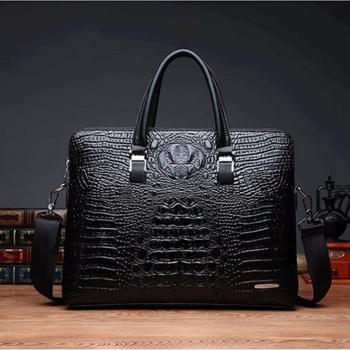 Men's Crocodile Skin Messenger Bag - Black