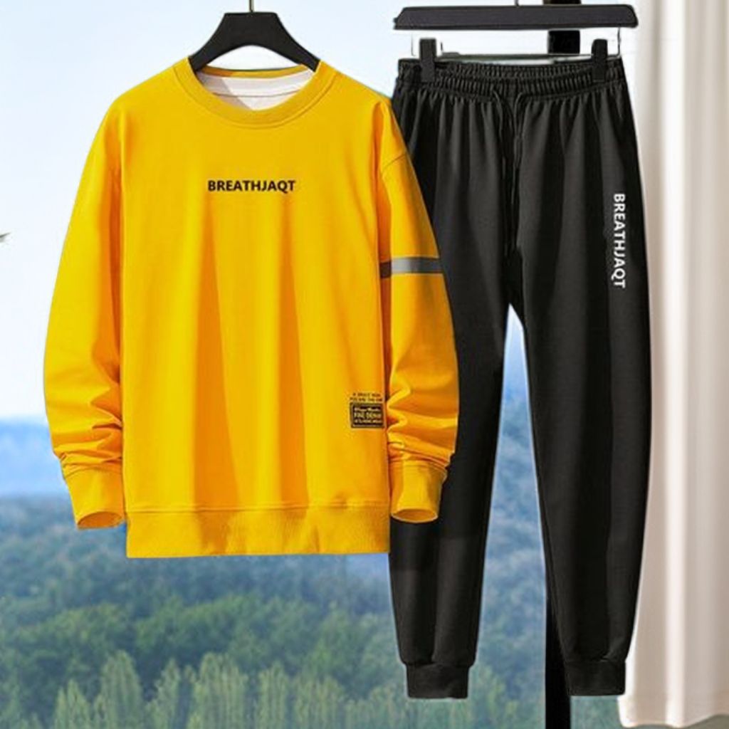 Mens 2 In 1 Sets Tracksuits Long Sleeve  Joggers Sweatshirt Sportswear-Yellow